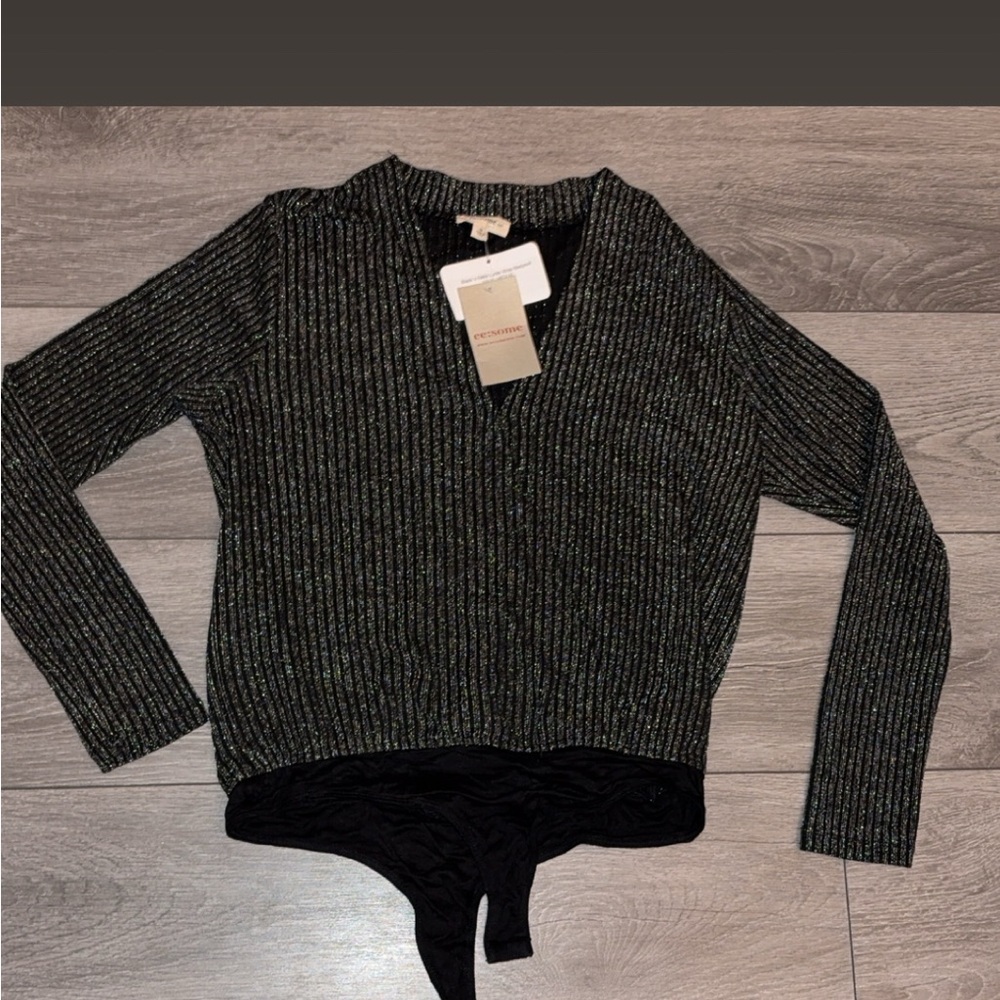 Ee:some Size Medium Vneck Lurex Wrap Body Suit Long Sleeved New W Tags Black
